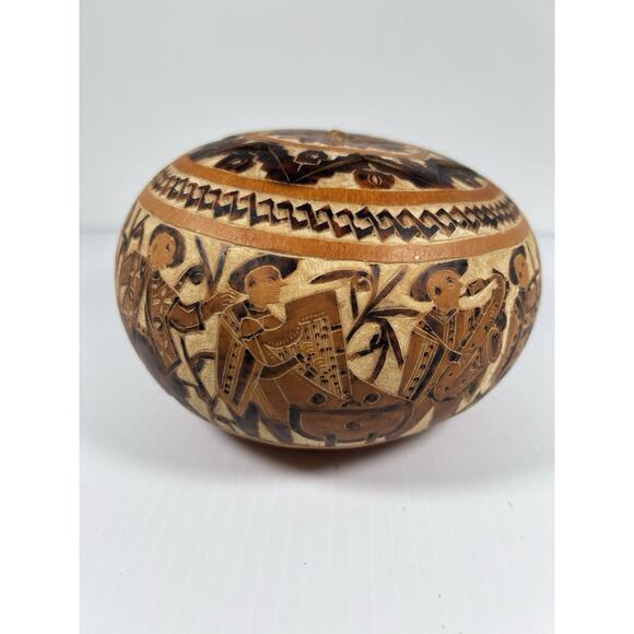 Gourd Hand Carved Etched Lidded Musicians Dancers Intricate Peru Folk Art Round - Picture 5 of 9